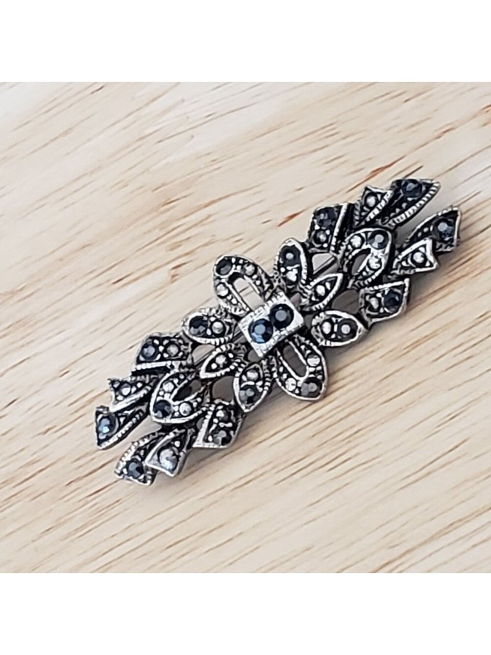 Vintage Marcasite Style Bar Brooch Silver Tone Floral Rhinestone 1.75"